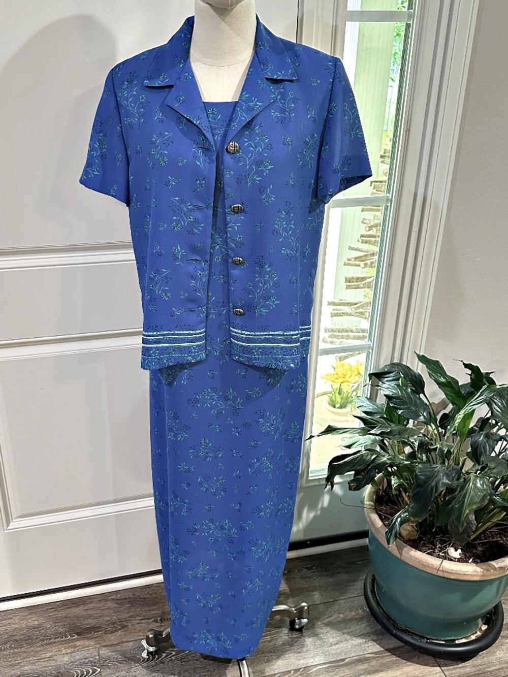 VTG Leslie Fay 2 PC Dress Set 10 Blue Floral Sheath Jacket 90s Border Print Hem